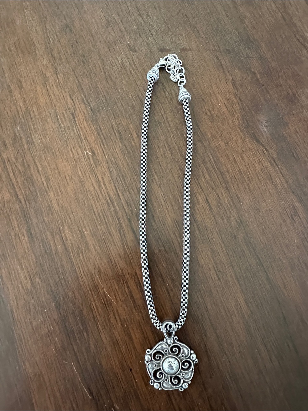 SIGNED BRIGHTON SILVER-PLATED BOX CHAIN NECKLACE CRYSTAL FLORAL SWIRL PENDANT